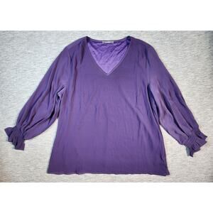 Lantern Long Sleeve V Neck Blouse Double Layer Chiffon Tunic Womens Size XL